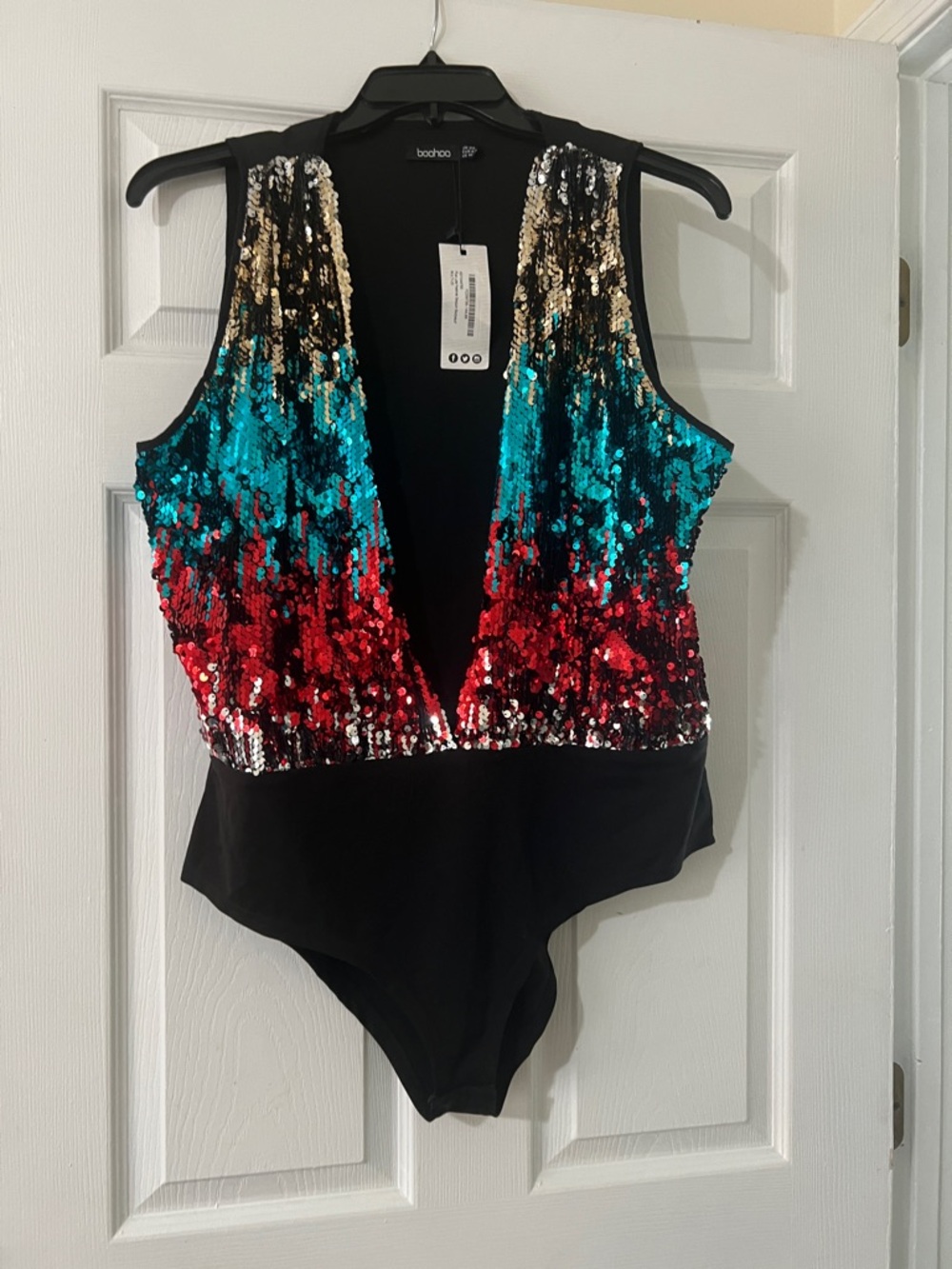 Boohoo Teal, Red & Gold Sequin Plunge Bodysuit